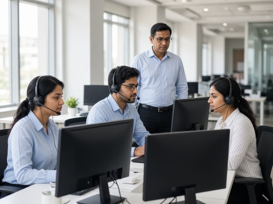 Call centre agents wearing headsets