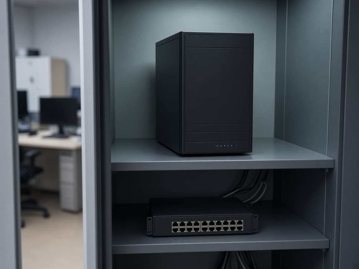 Office server on a shelf beside the desks
