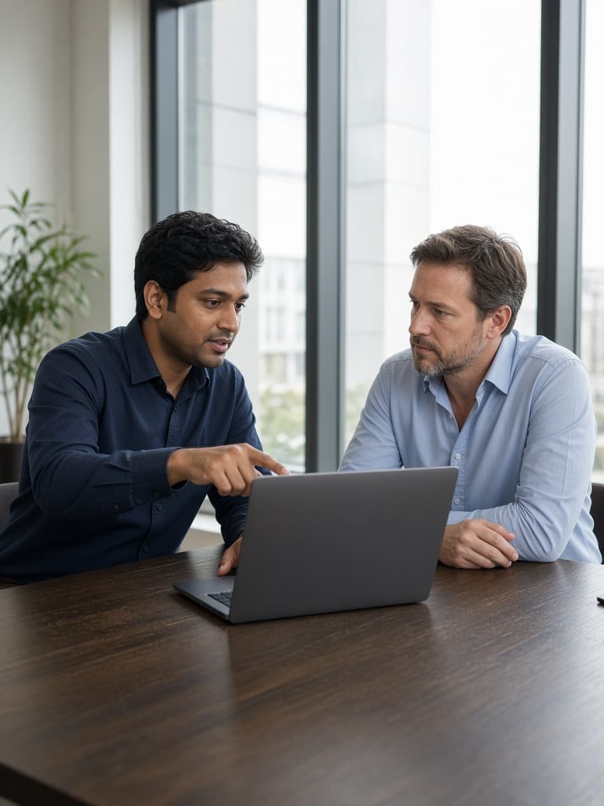 Consultant reviewing a plan with a laptop