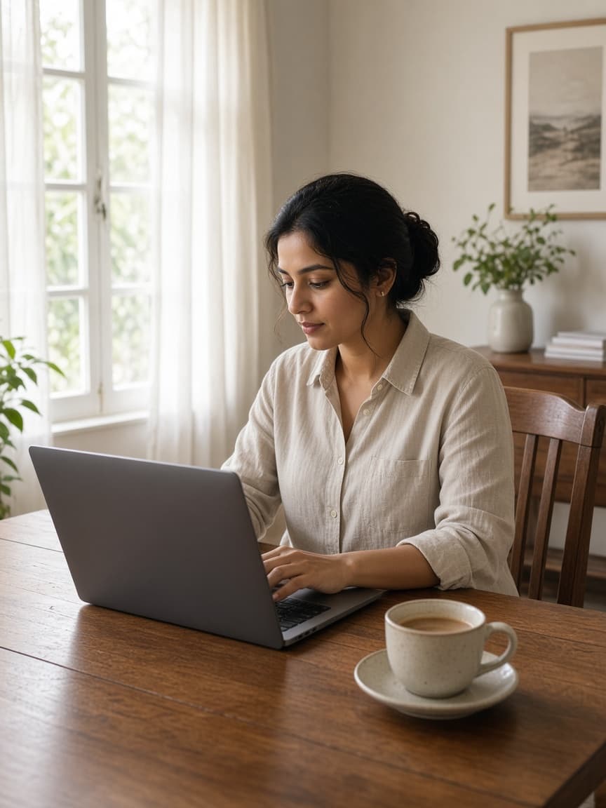 Someone working on a laptop at a home table