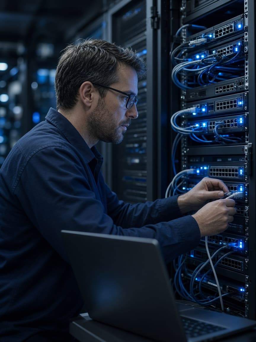 Engineer at a network rack