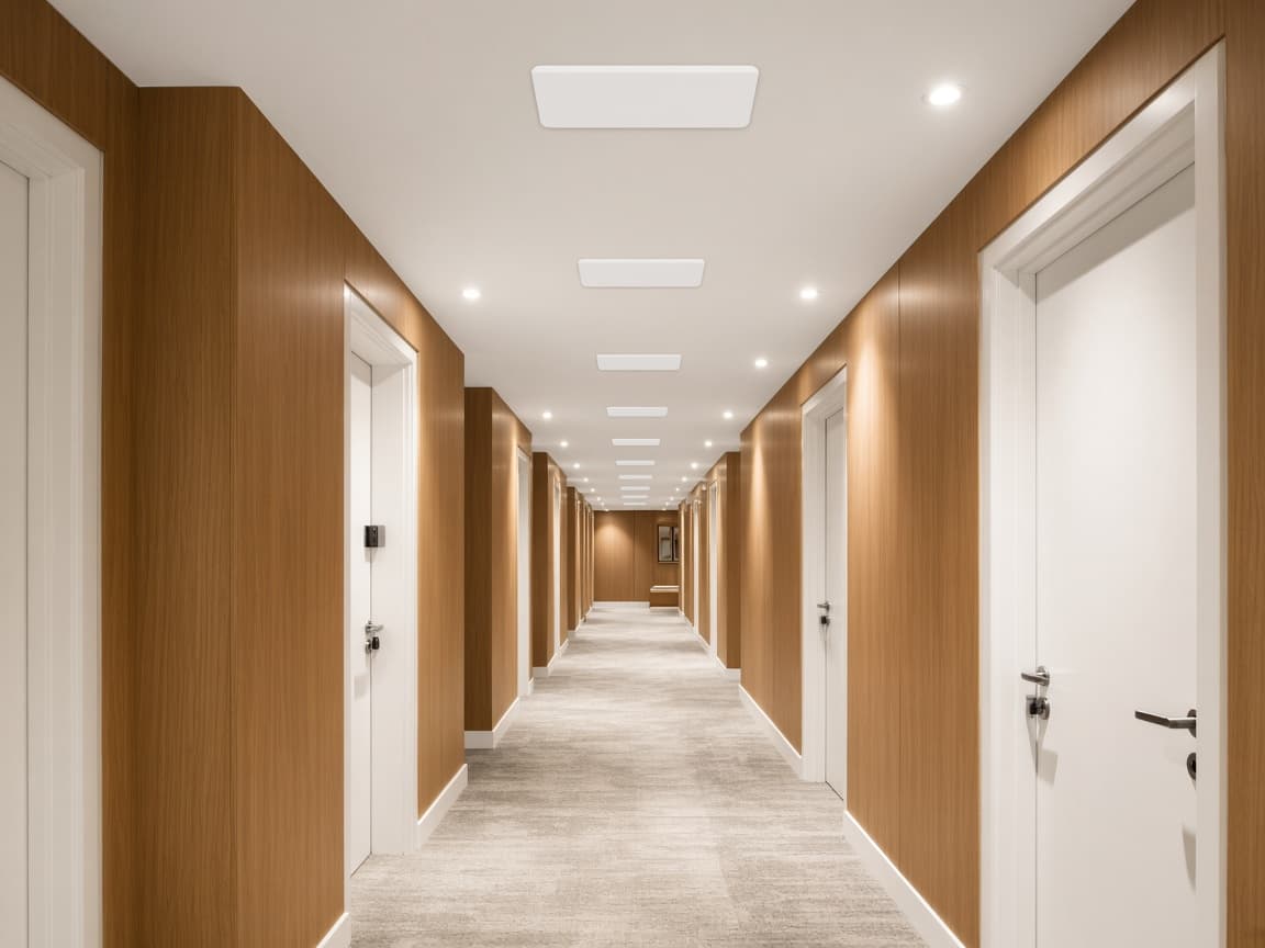 Ceiling access points along a hotel corridor